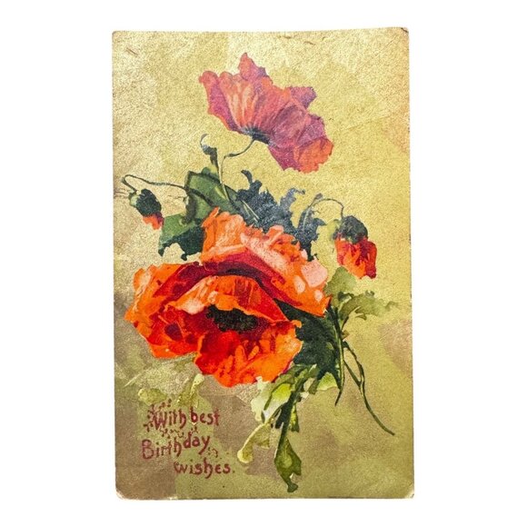 Antique 1909 Birthday Postcard With Red Poppies Printed in Germany Rothsay MN - Picture 1 of 2